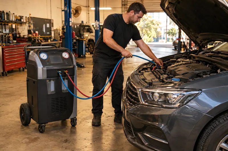 Mechanic connecting an air conditioning recharge machine to a car